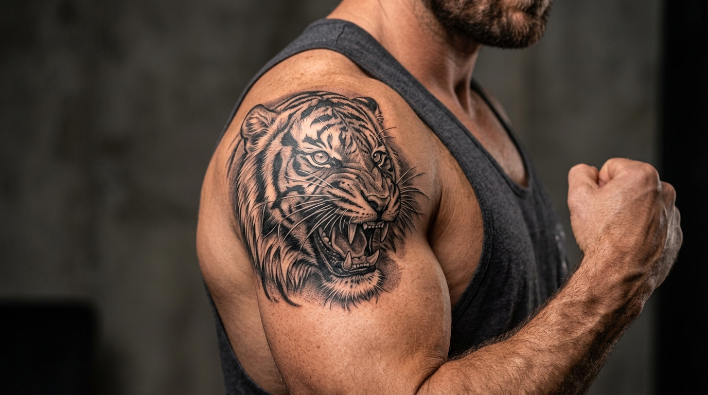Тату тигра в реализме на мужском плече