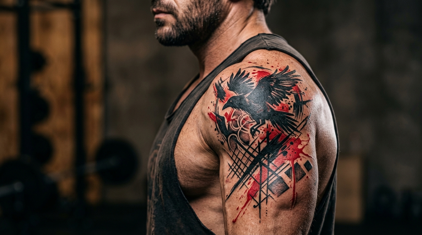 Тату в стиле треш-полька с красными и чёрными элементами