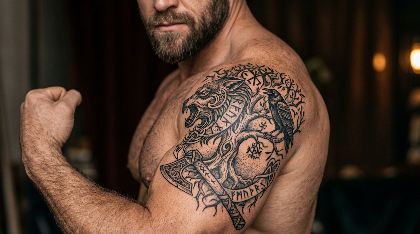 Скандинавское тату с рунами и волком на плече