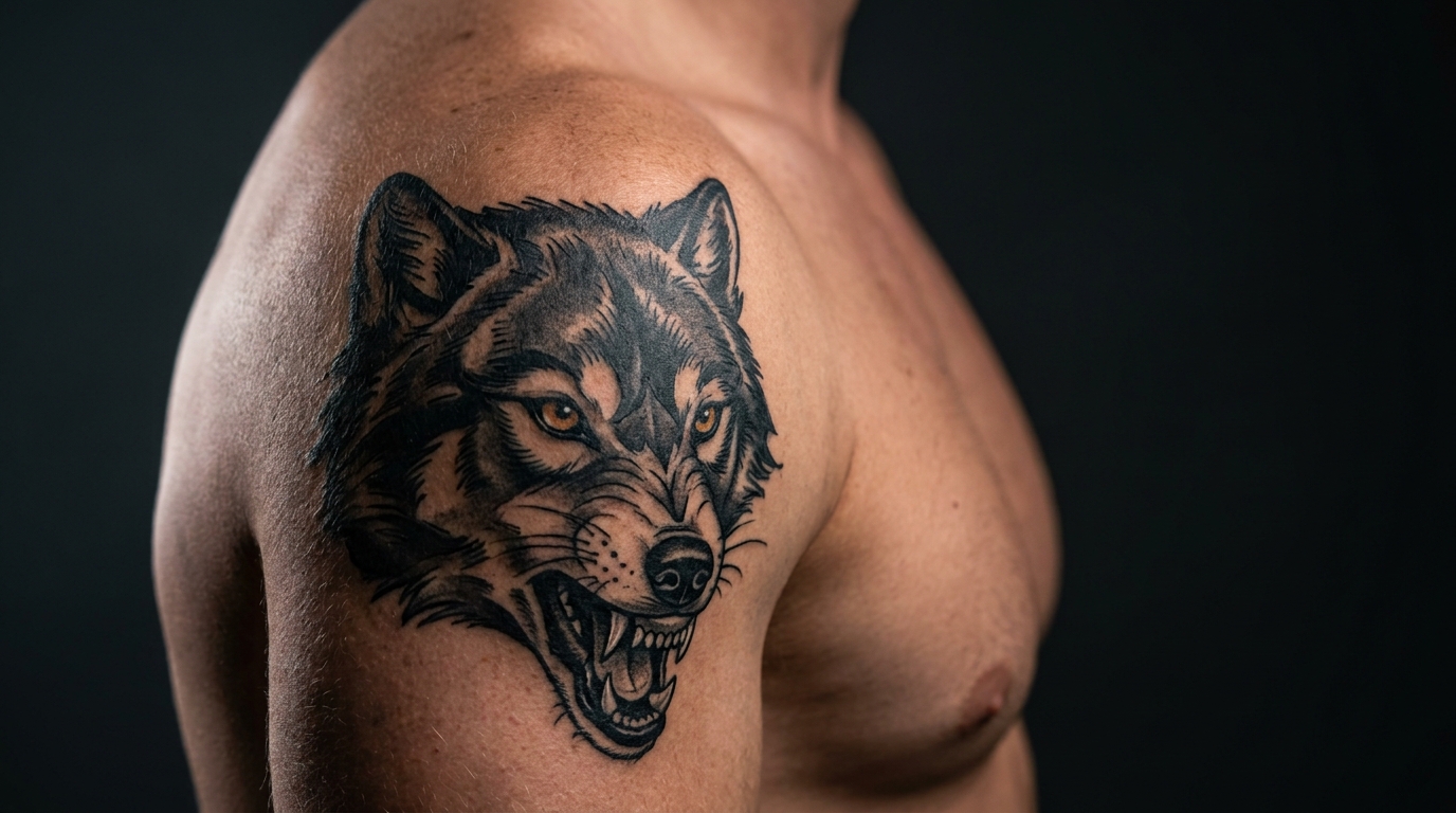 Тату волка в стиле реализм на мужском плече