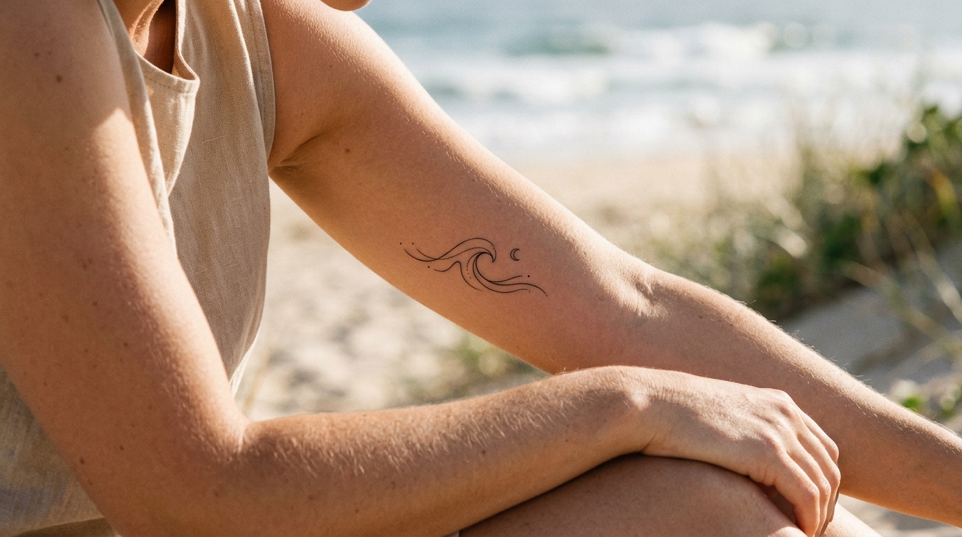 Тату волны на женском бицепсе — минималистичный эскиз