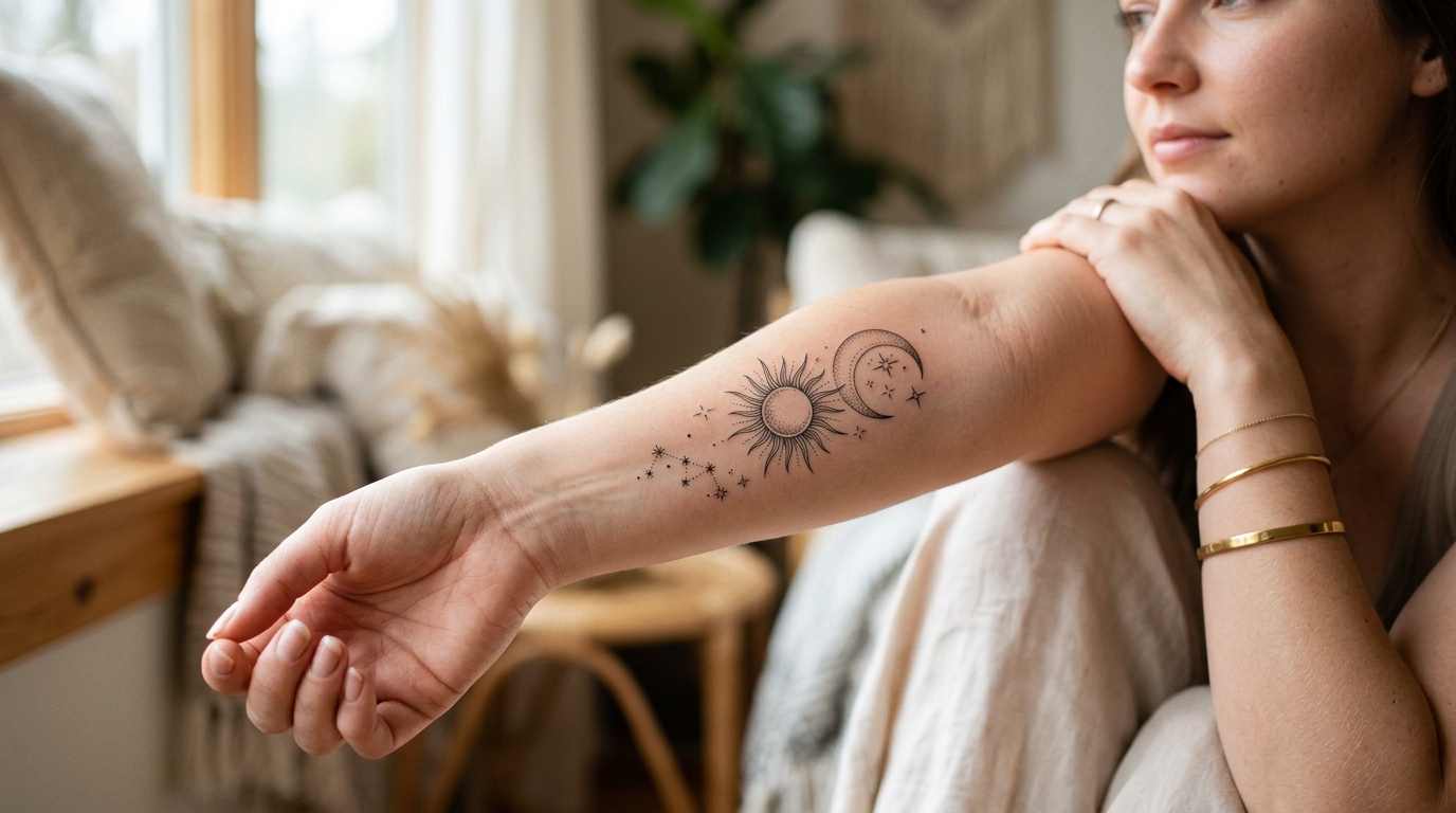 Целестиальная fine-line тату на предплечье — солнце, луна, звёзды