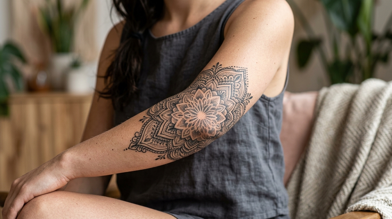 Мандала на зоне локтя — женская тату