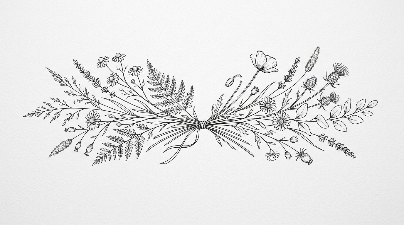 Эскиз женской тату на руку — fine-line букет полевых цветов