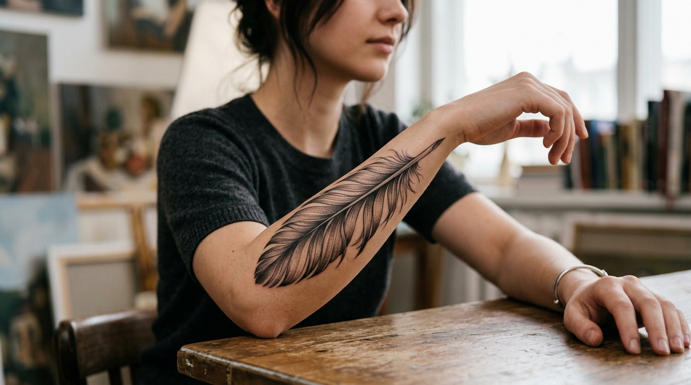 Реалистичное перо — тату на женском предплечье