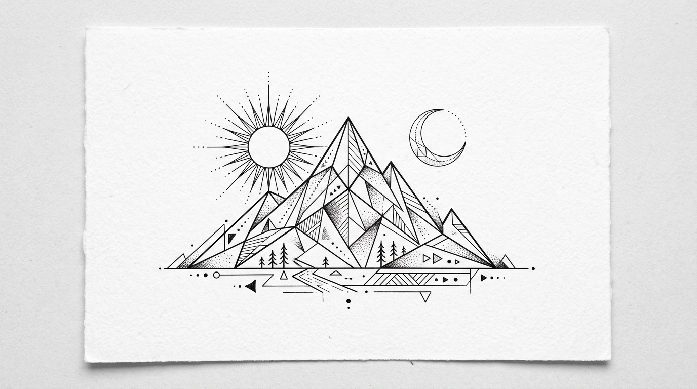 Эскиз геометрической женской тату — горы, солнце и луна