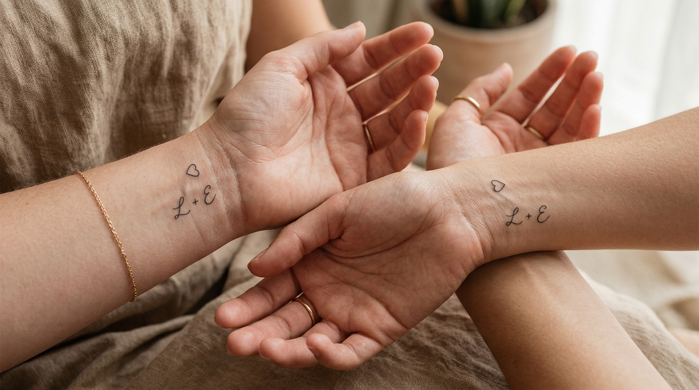 Парные женские тату на запястьях — сердце и инициалы