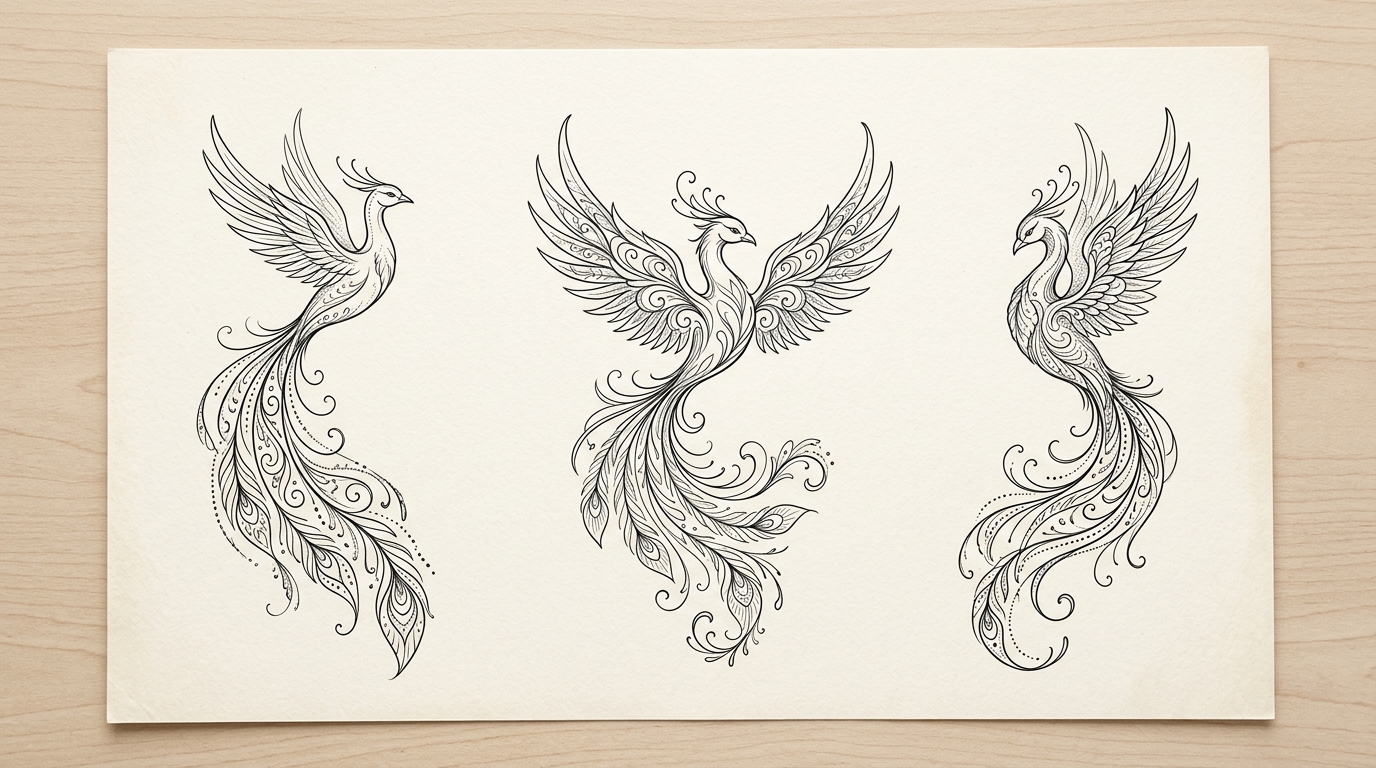 Эскизы феникса в fine-line — три варианта женской тату