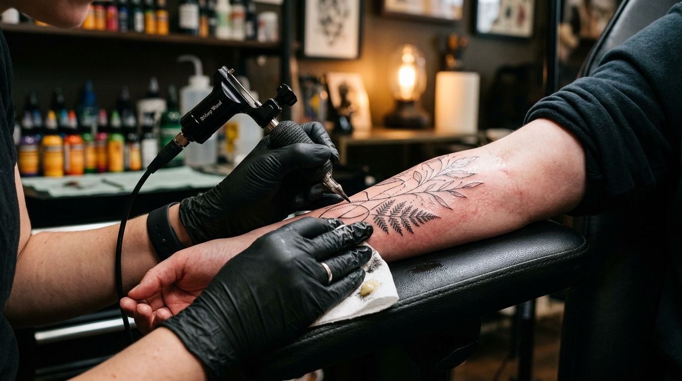 Процесс нанесения женской тату на предплечье в тату-студии