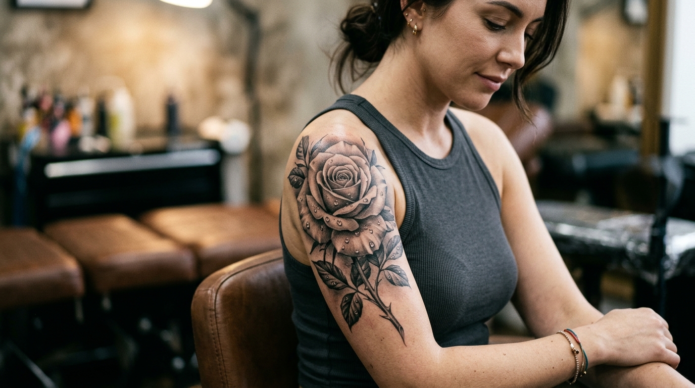 Реалистичная тату розы на женском плече