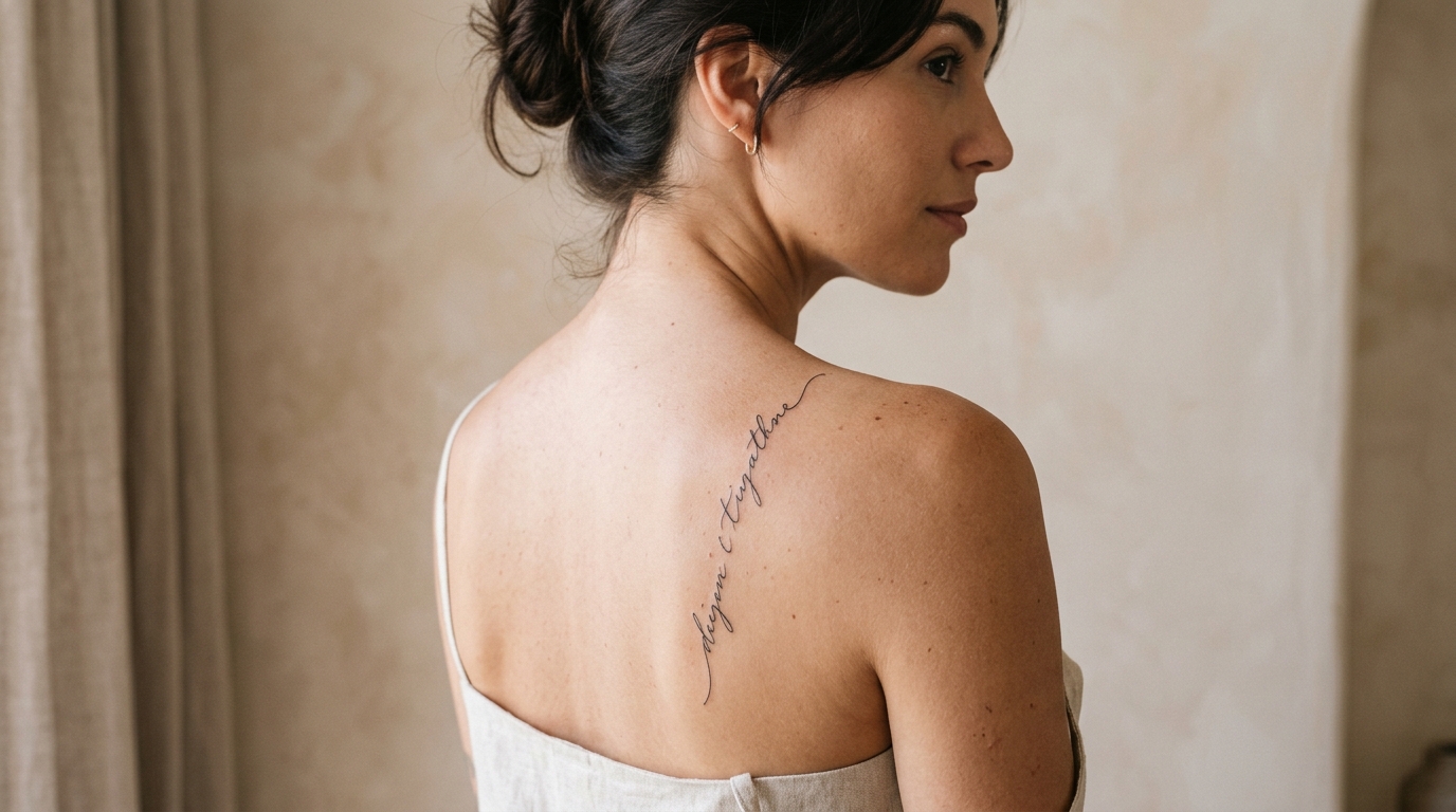 Вертикальная надпись-тату на женском плече