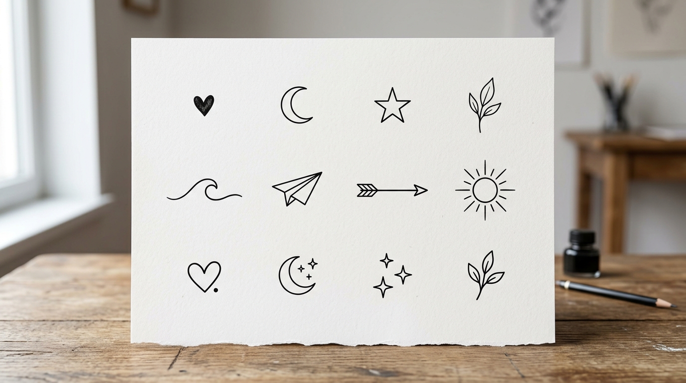 Флэш с маленькими женскими тату — сердце, луна, звезда, лист, волна