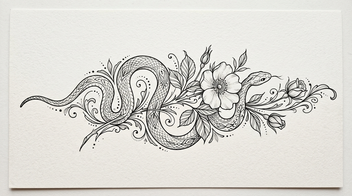 Эскиз женской тату — змея вокруг цветка
