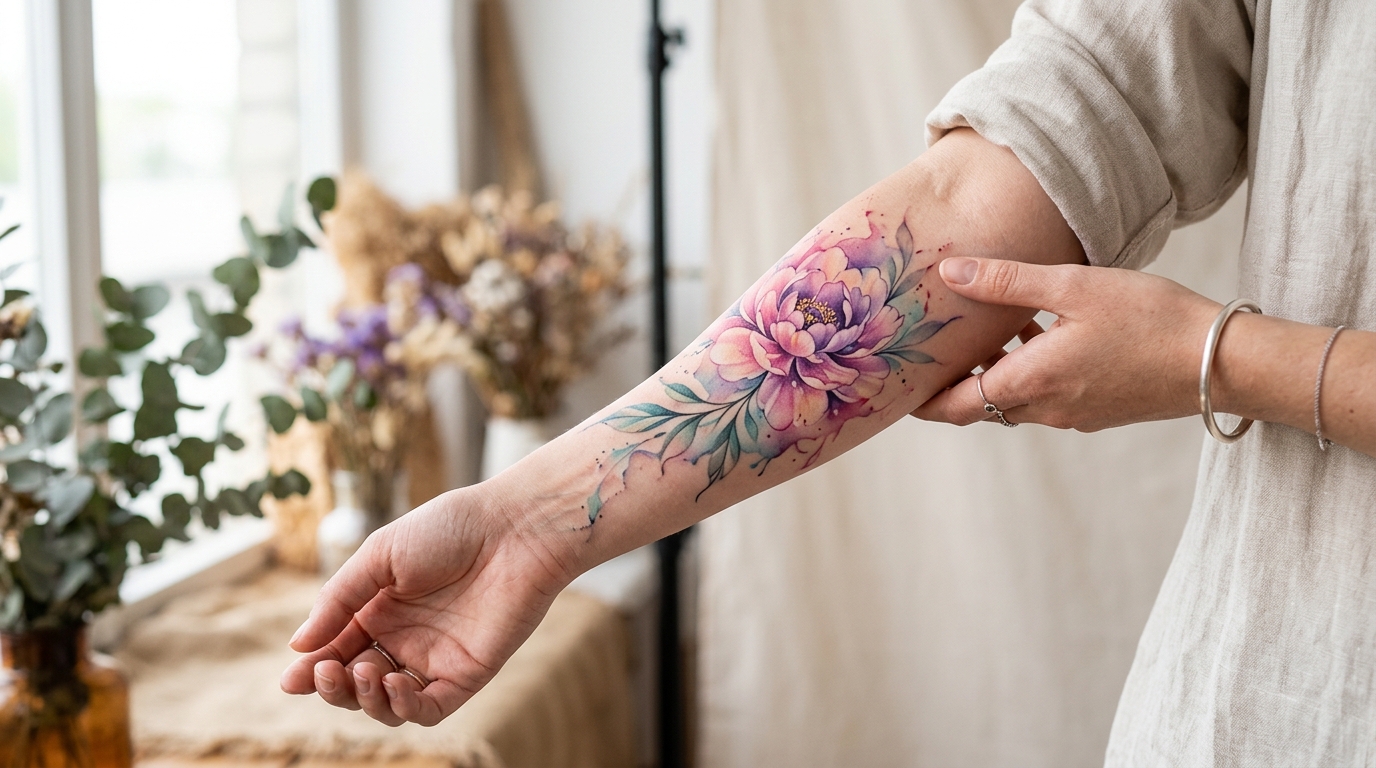 Акварельная тату пиона на женском предплечье