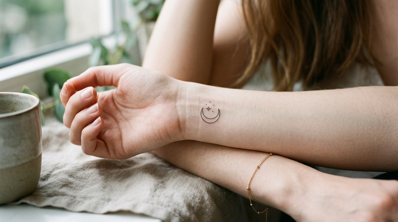 Маленькая тату на запястье девушки — полумесяц и звёзды