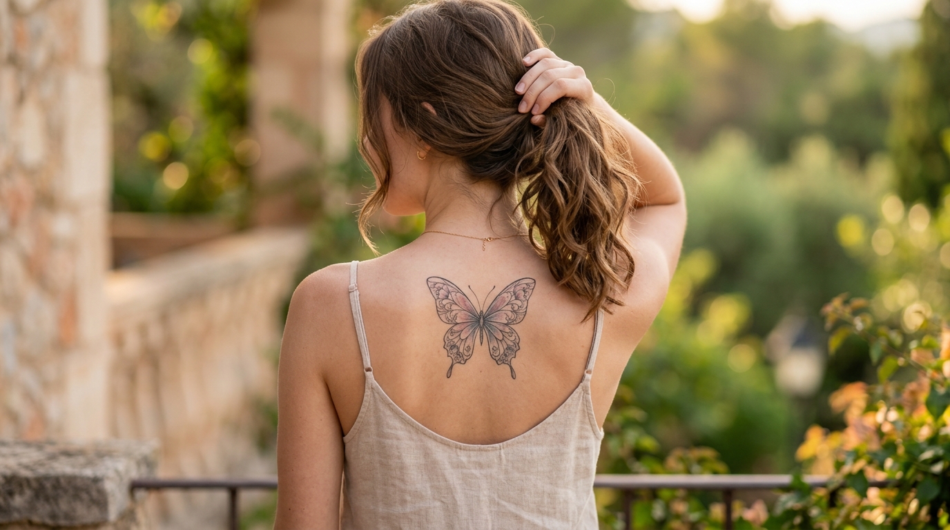 Элегантная бабочка на лопатке девушки, тонкие линии с лёгкой цветной тенью