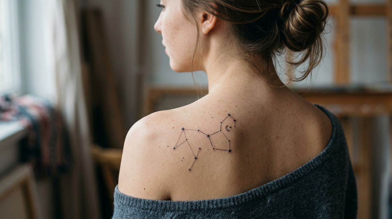 Созвездие со звёздами и полумесяцем на верхней части спины у девушки, fine line
