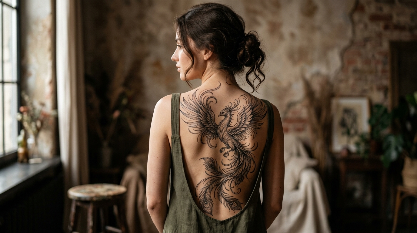 Большая женская тату феникс на спине в графическом стиле