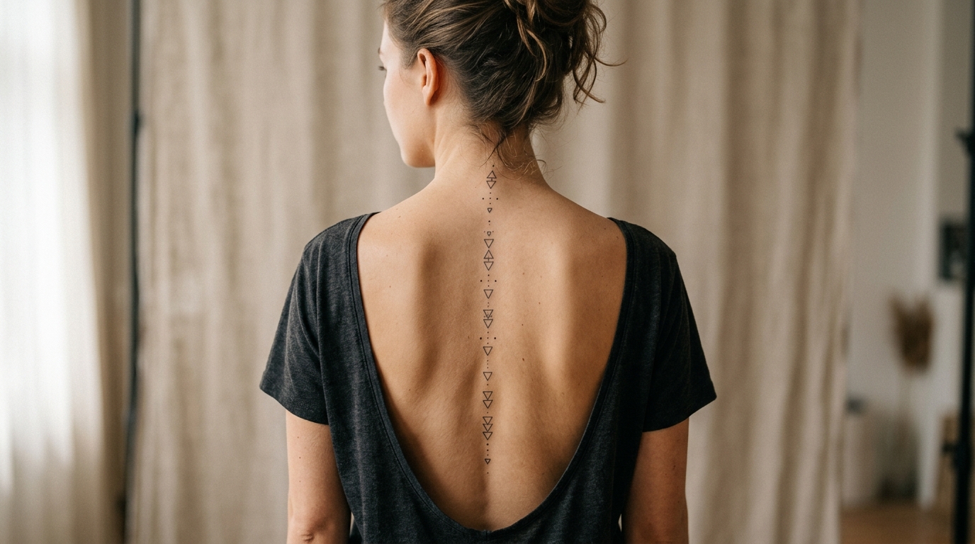 Геометрический минималистичный орнамент вдоль позвоночника у девушки