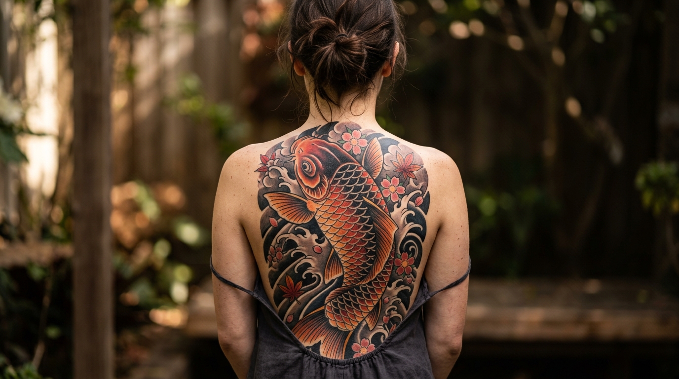 Большая тату карпа кои на спине у девушки в японском стиле