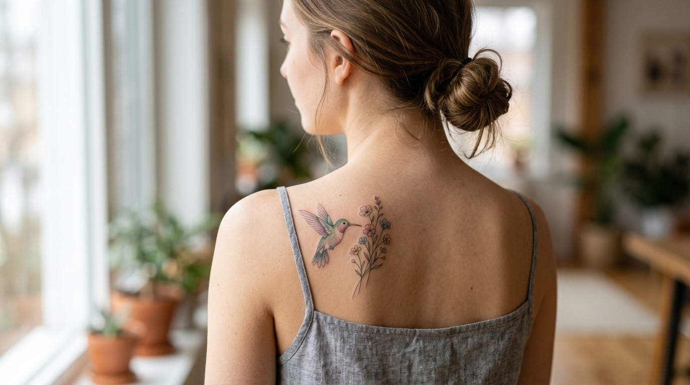 Колибри и цветы на спине у девушки, fine line с мягкими пастельными оттенками
