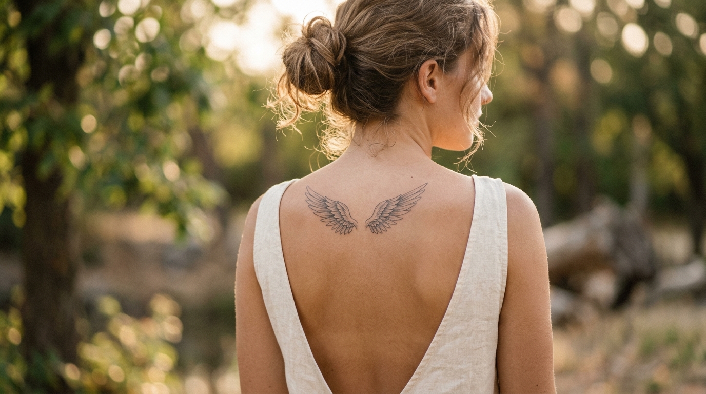 Пара изящных крыльев между лопатками у девушки, fine line