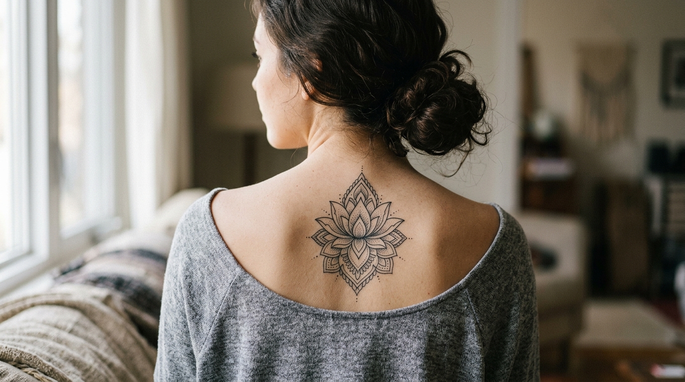 Лотос-мандала между лопатками у девушки, fine line, симметричная композиция