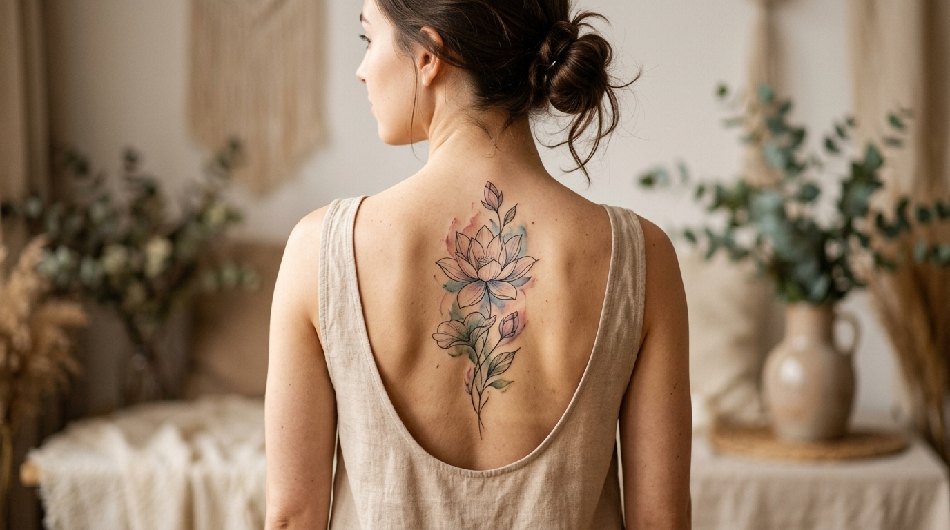 Лотос на спине у девушки в стиле fine line с акварельной заливкой