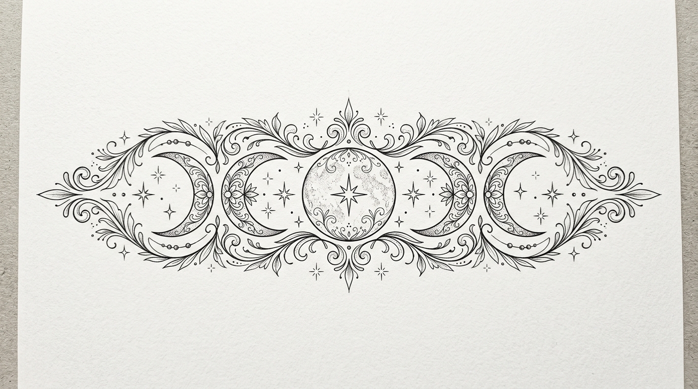 Эскиз тату фазы луны со звёздами и орнаментом, чёрная тушь на белом фоне