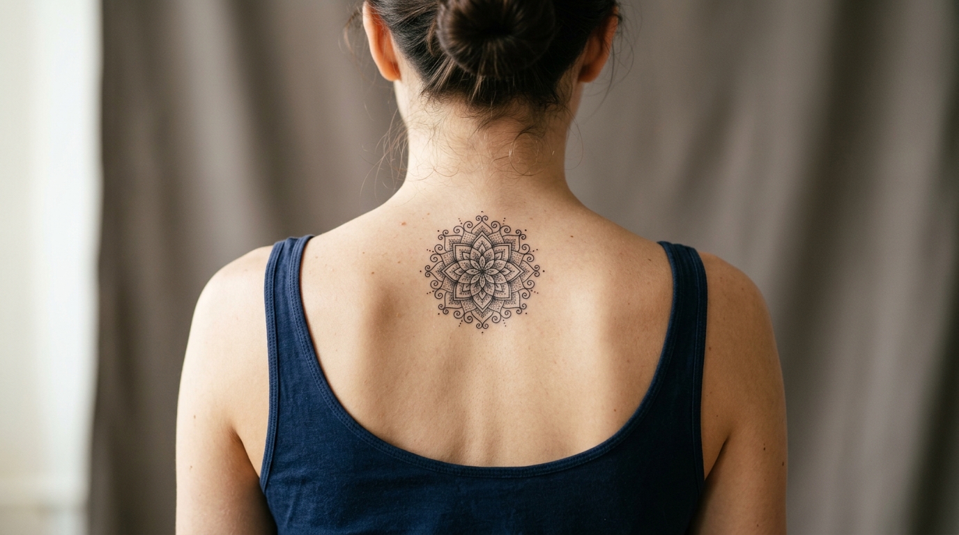 Миниатюрная мандала между лопатками девушки в стиле dotwork