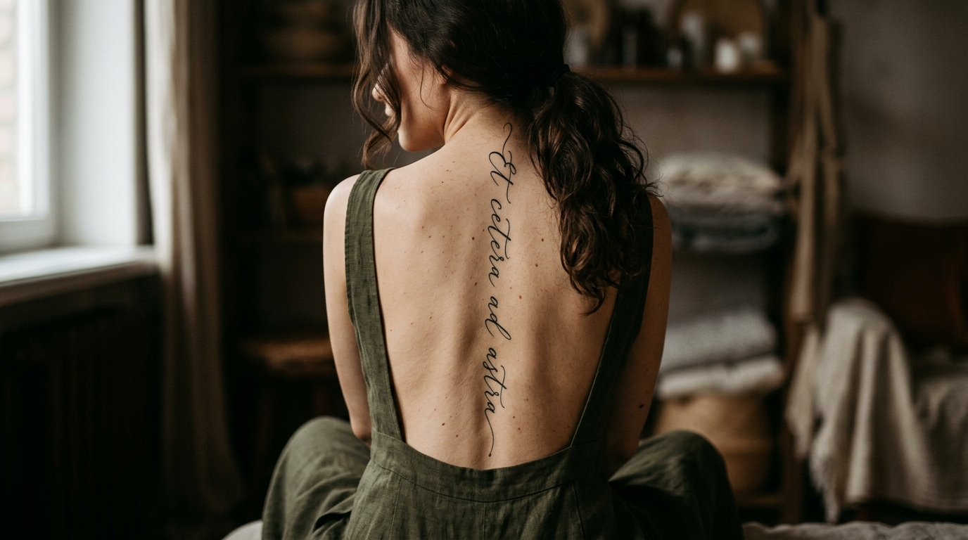 Тонкая латинская надпись вдоль позвоночника у девушки, fine line каллиграфия