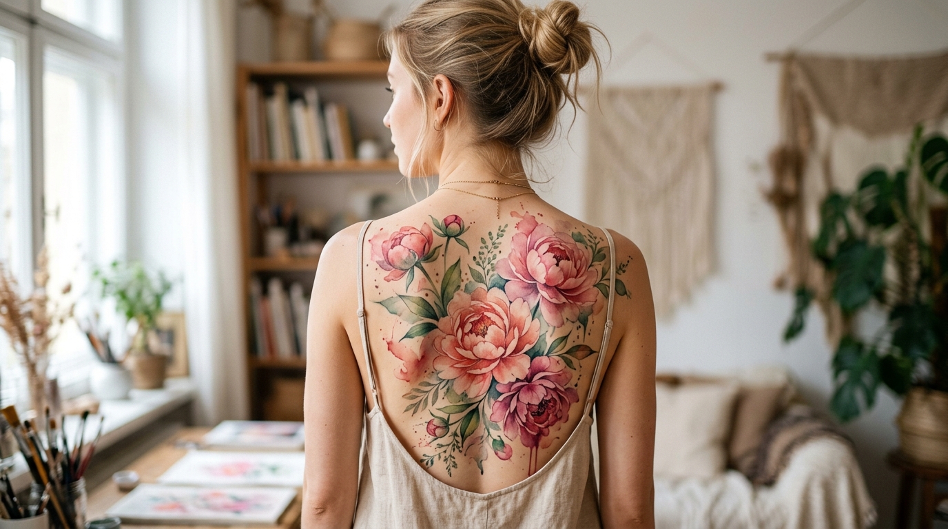 Женская тату пионы на спине в стиле акварель с нежными розовыми оттенками