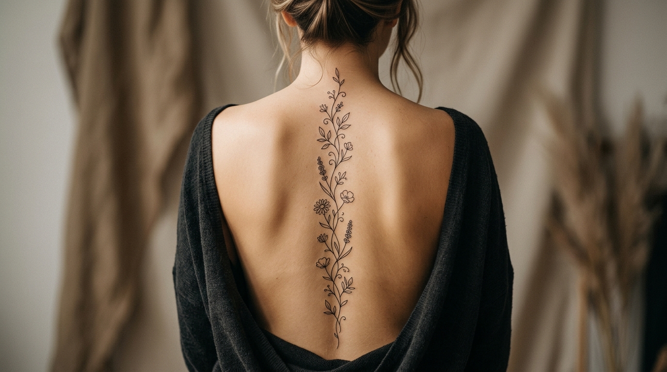 Женская тату на спине вдоль позвоночника: тонкая ботаническая ветвь с полевыми цветами в стиле fine line
