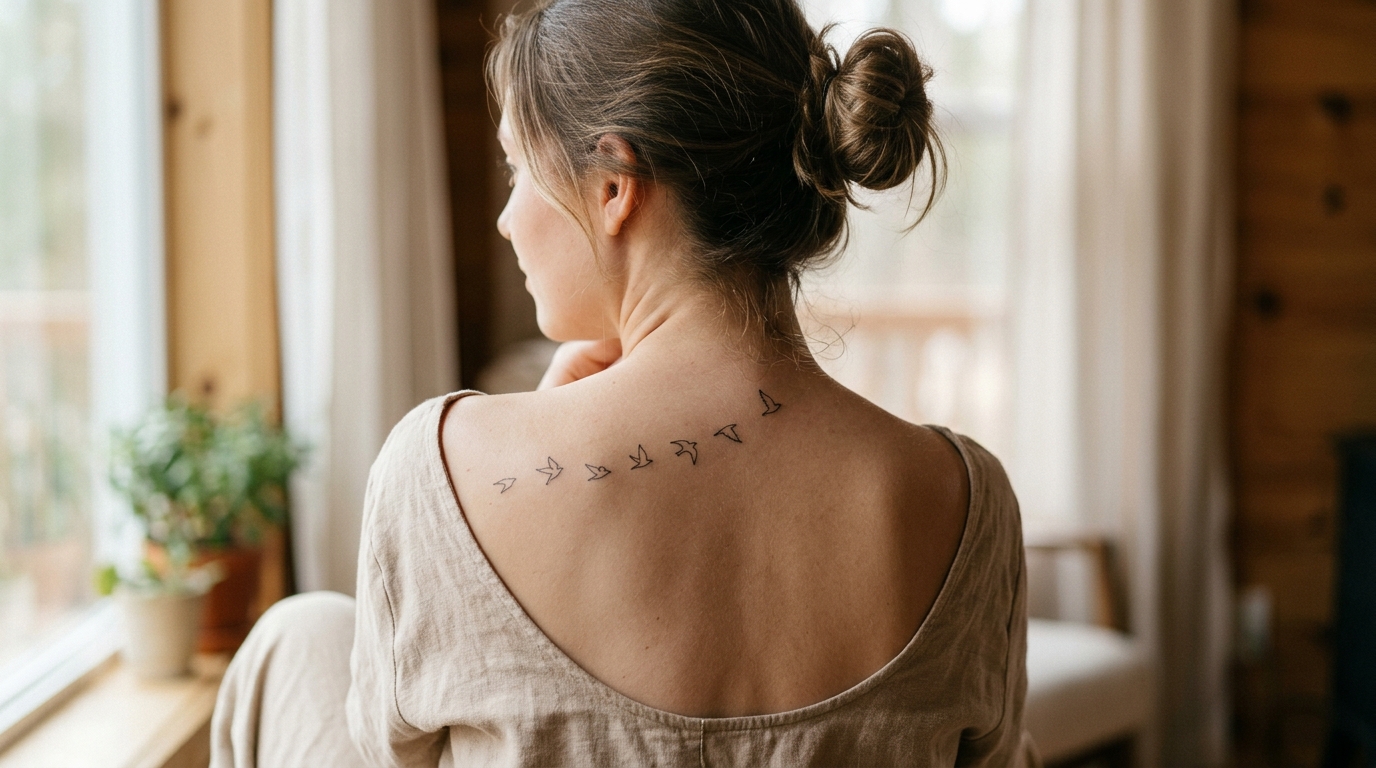 Минималистичная тату стайка летящих птиц на верхней части спины у девушки