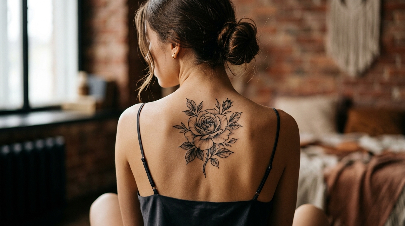 Розa между лопаток у девушки, fine line с мягкими тенями