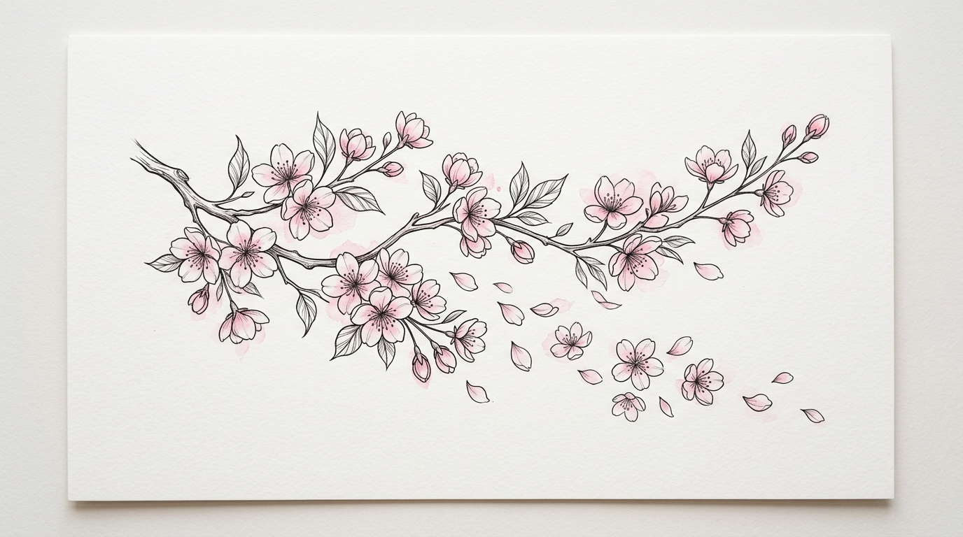 Эскиз тату ветвь сакуры с опадающими лепестками на белом фоне, fine line