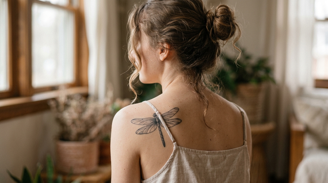 Деликатная стрекоза на лопатке девушки, fine line с мягкой тенью