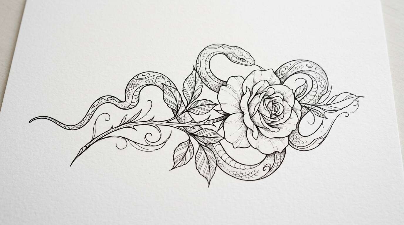 Эскиз женской тату змея и роза, тонкие линии на белом фоне