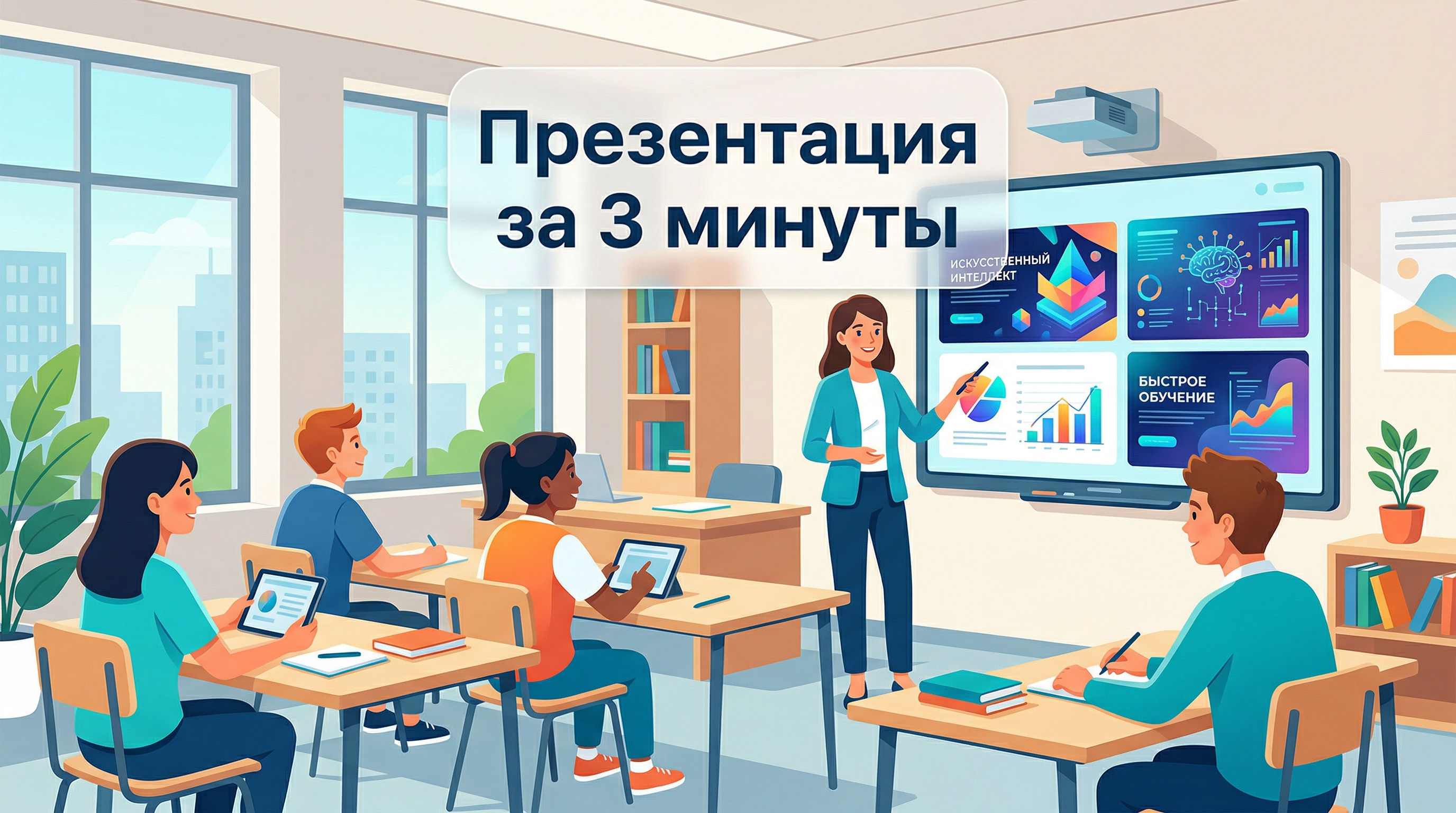 Учитель показывает ИИ-презентацию классу — презентация за 3 минуты