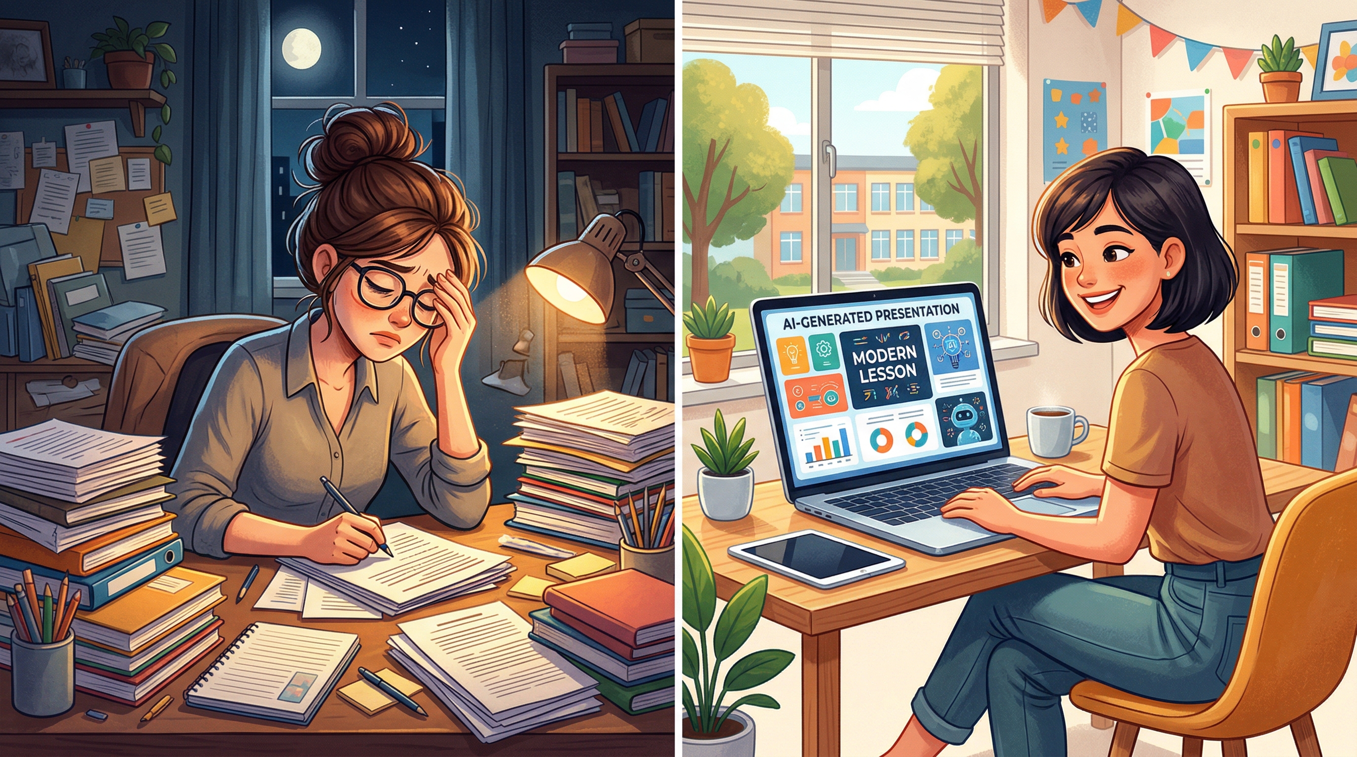 Сравнение: учитель готовит презентацию вручную допоздна и учитель создаёт презентацию с помощью ИИ за минуты