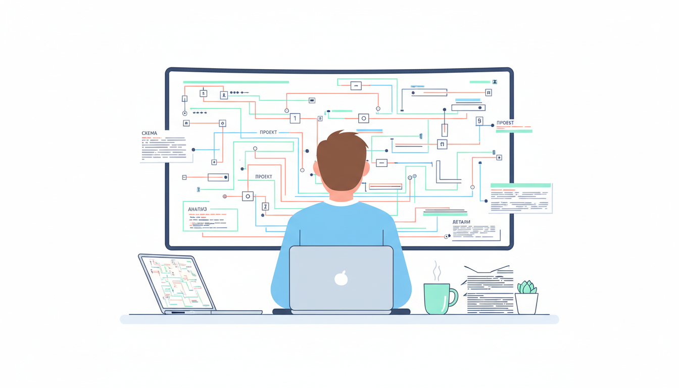 Инженер работает с техническими схемами на мониторе