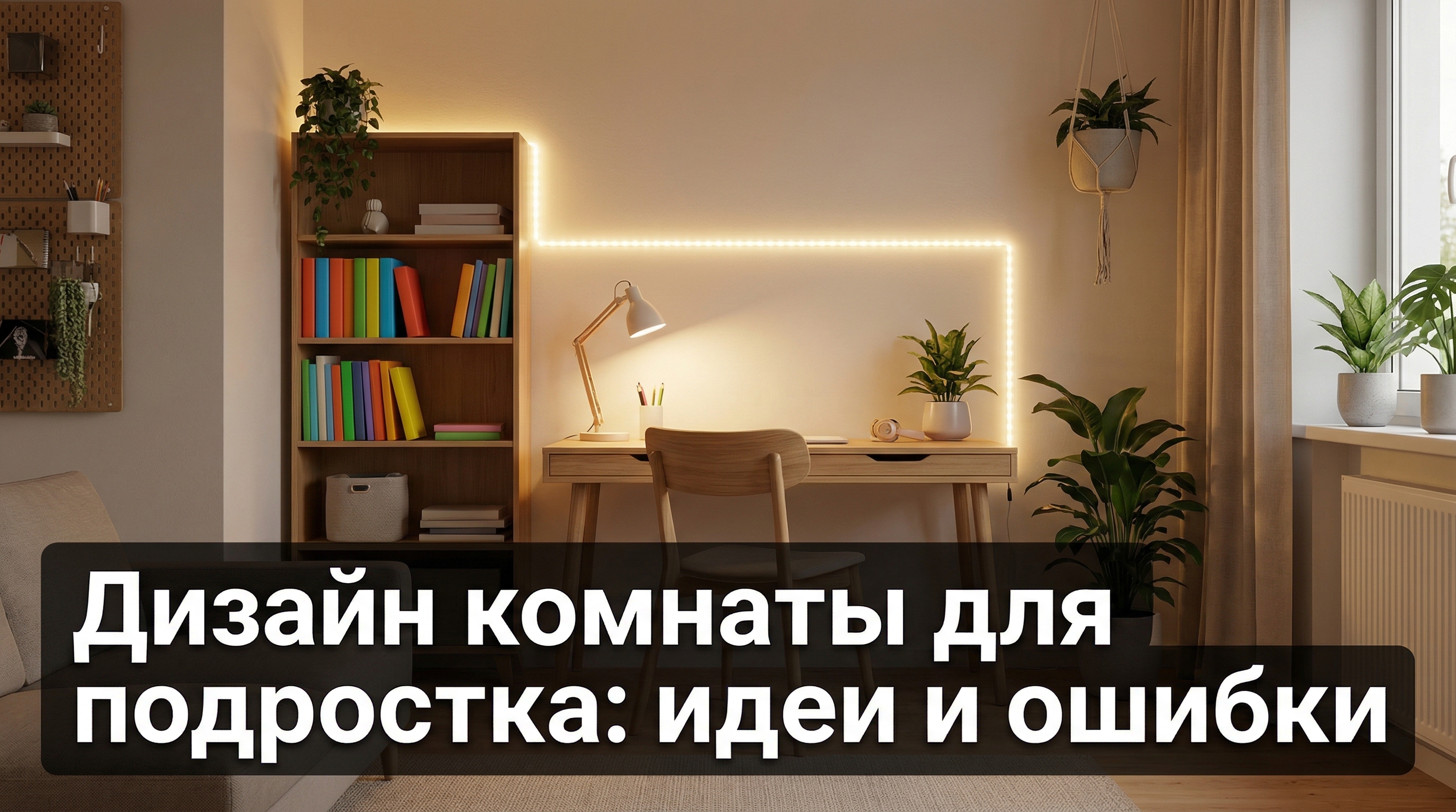 Дизайн комнаты для подростка — стильная комната с рабочим местом, книжными полками и LED-подсветкой