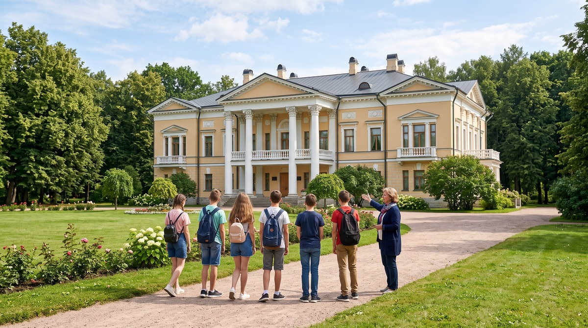 Школьники с экскурсоводом у дворянской усадьбы
