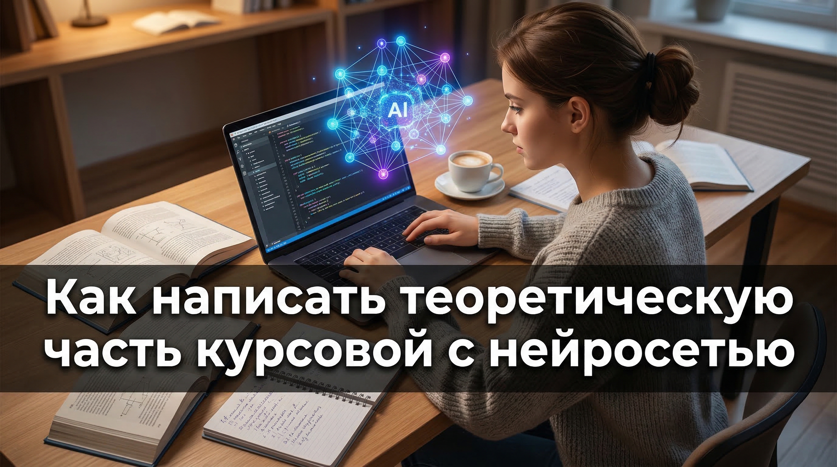 Как написать теоретическую часть курсовой с нейросетью — студентка за ноутбуком с AI-визуализацией