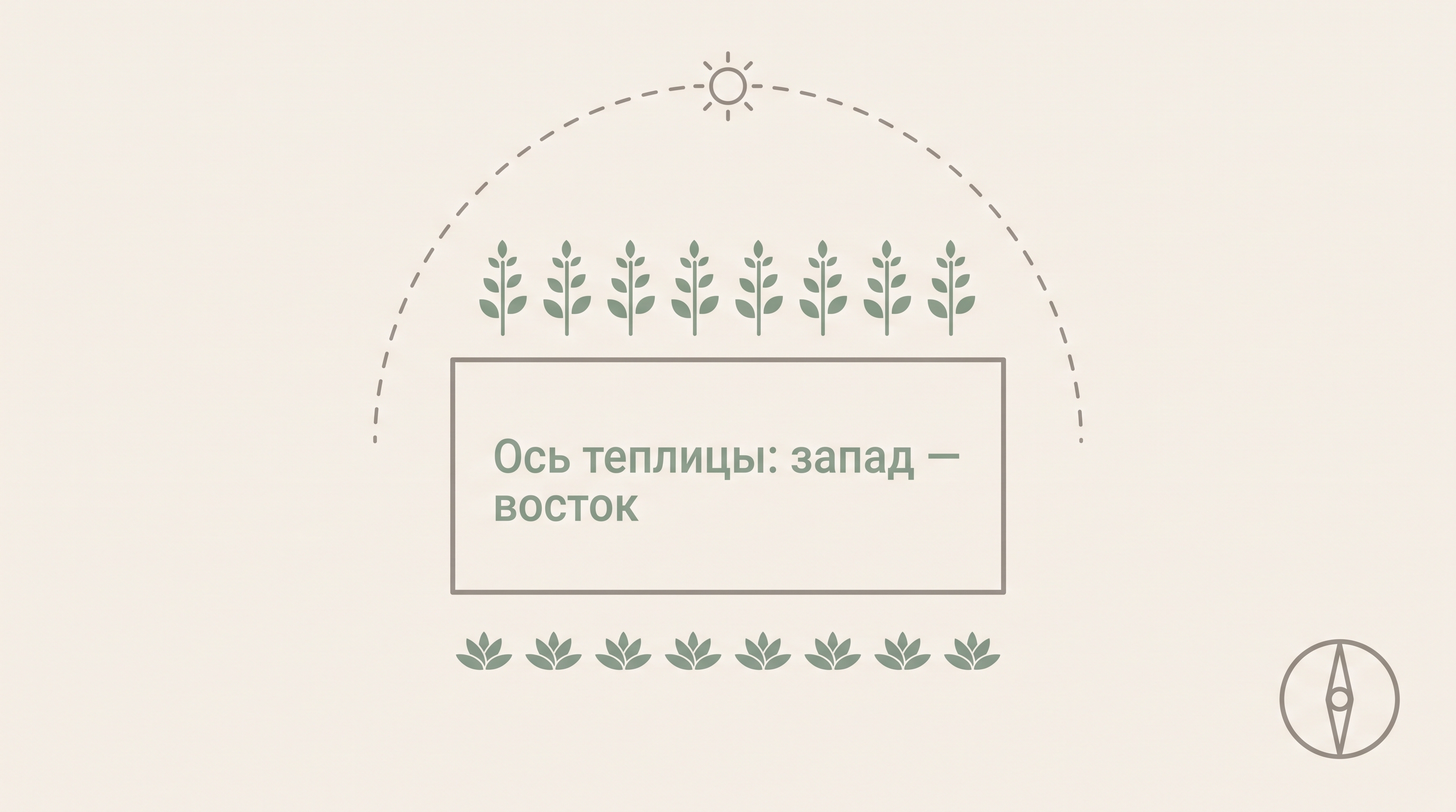 Схема ориентации теплицы по сторонам света: длинная ось запад — восток
