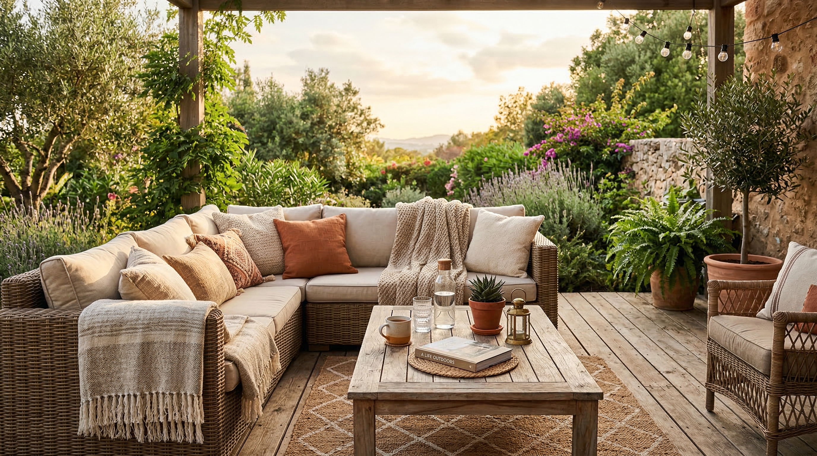 Лаунж-зона на террасе с плетёной мебелью и текстилем