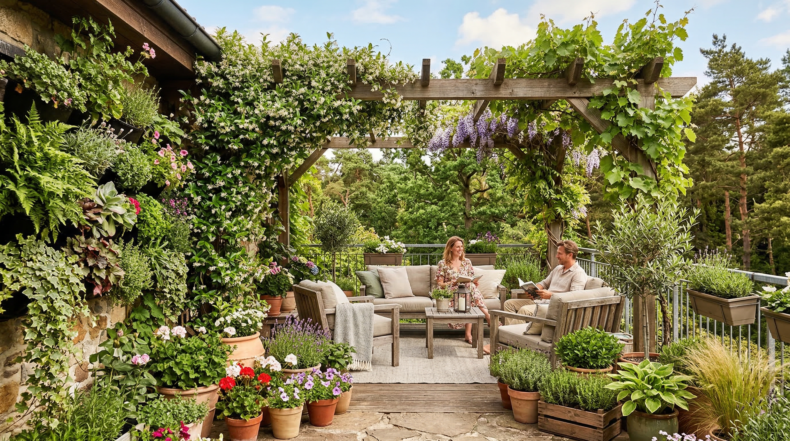 Терраса с вертикальным озеленением, вьющимися растениями на перголе и контейнерными цветами
