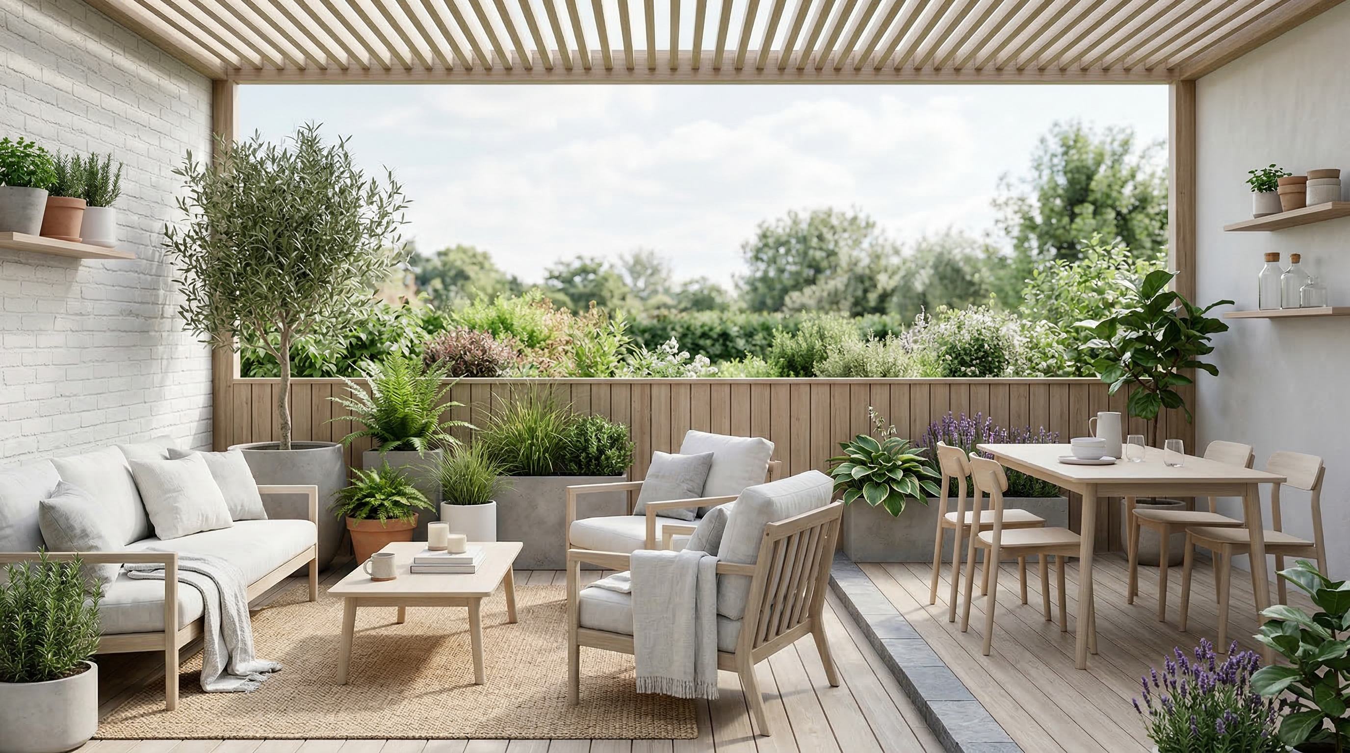 Терраса в скандинавском стиле: светлое дерево, минималистичная мебель, зелень