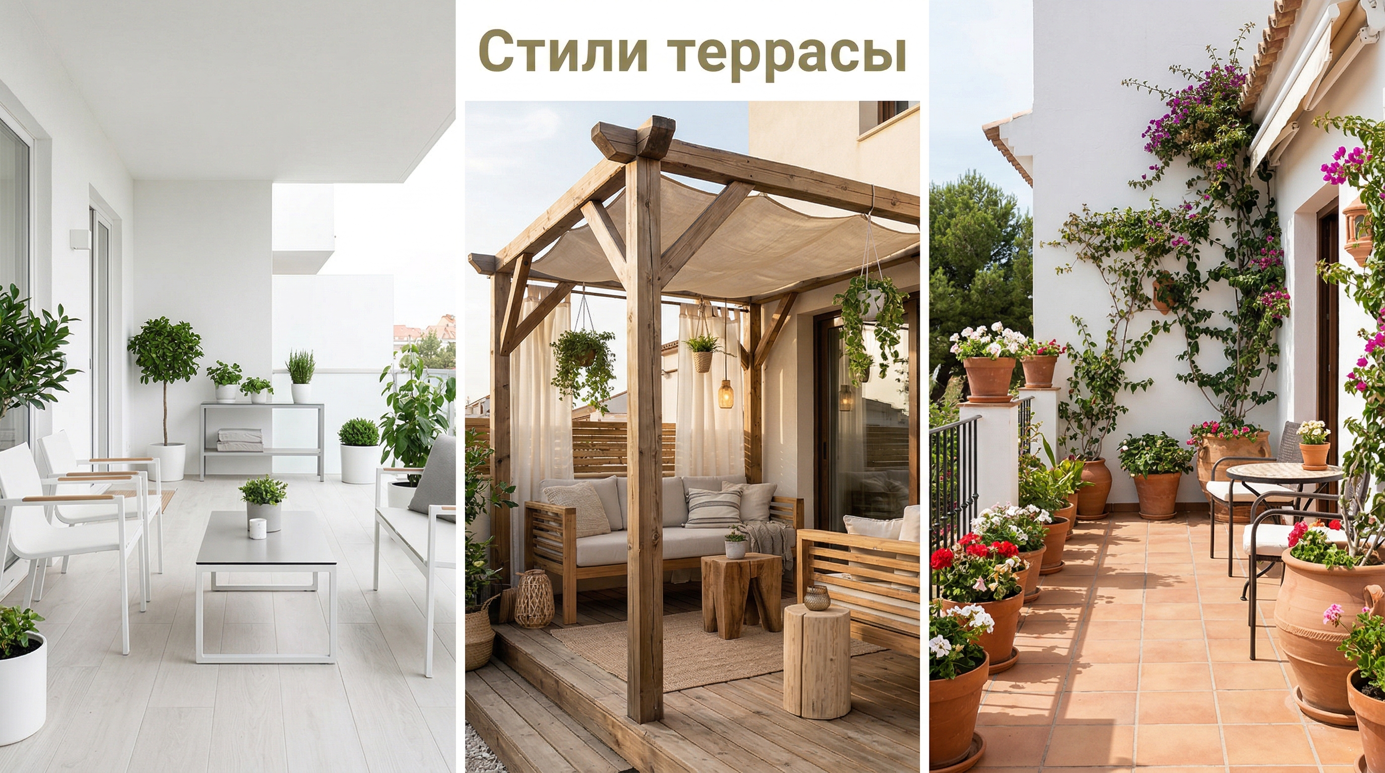 Стили террасы: скандинавский минимализм, рустик с перголой, средиземноморский
