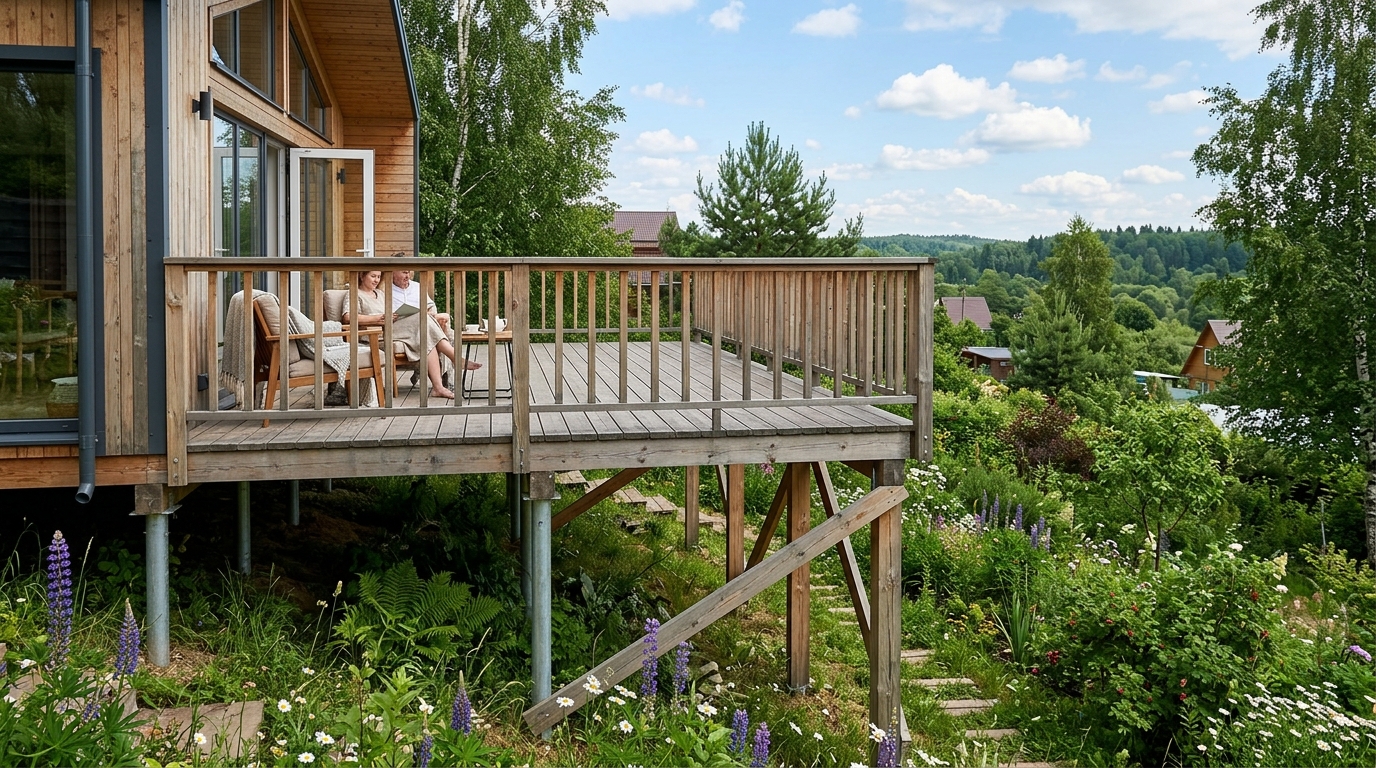 Приподнятая терраса на винтовых сваях над склоном с перилами